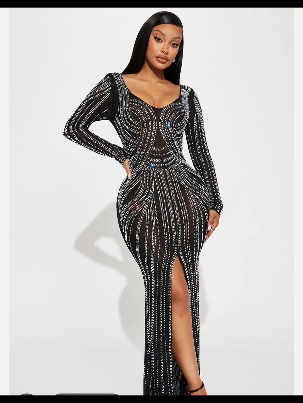 Fashion Nova Black Long Sleeve Embellished Gown with Front Slit
